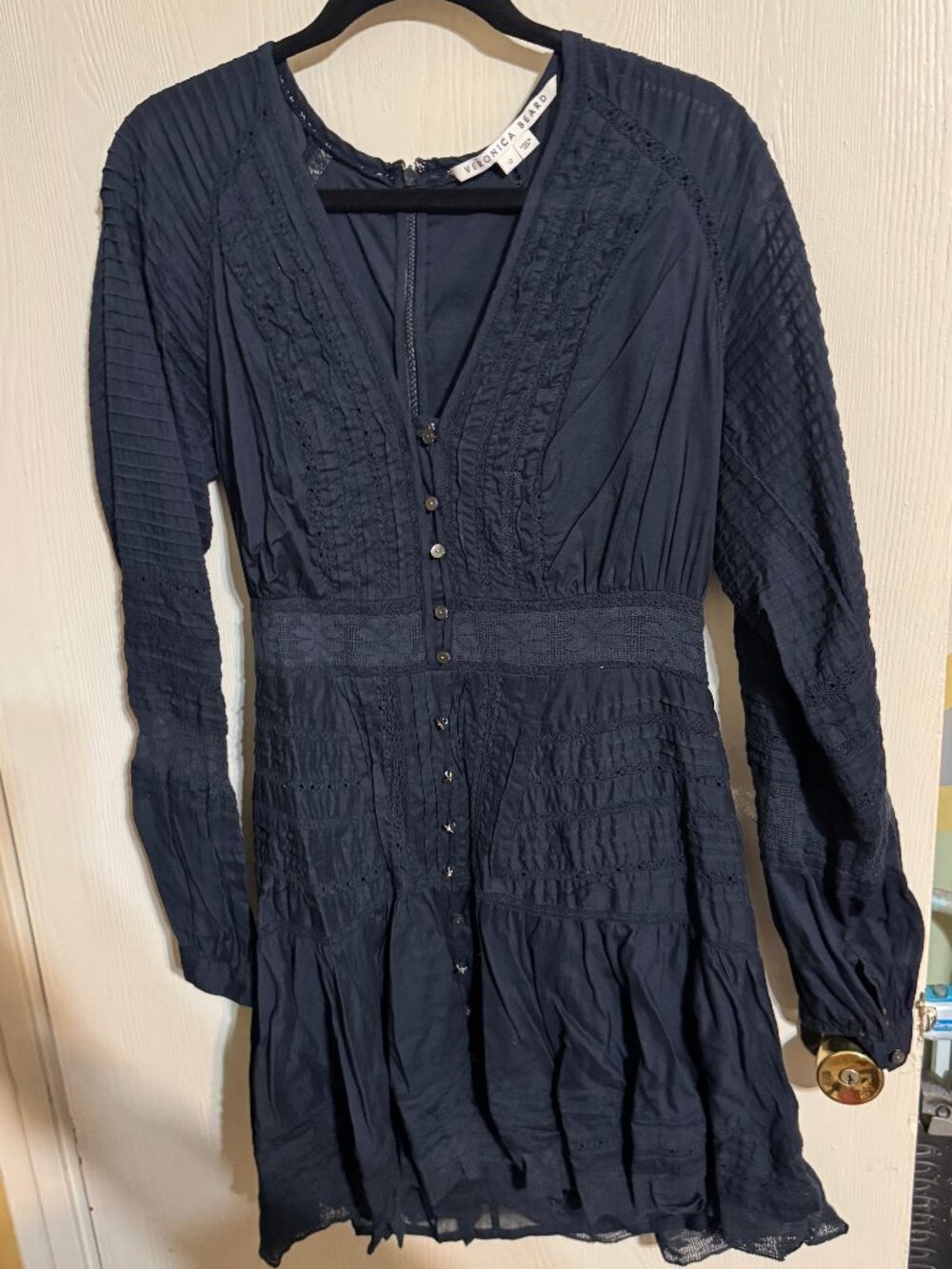VERONICA BEARD Addilyn Long Sleeve Button V Neck Mini Dress Ink Blue (MSRP $498)